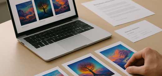 A digital artist arranges selected artwork proofs, project notes, and technical details beside a
