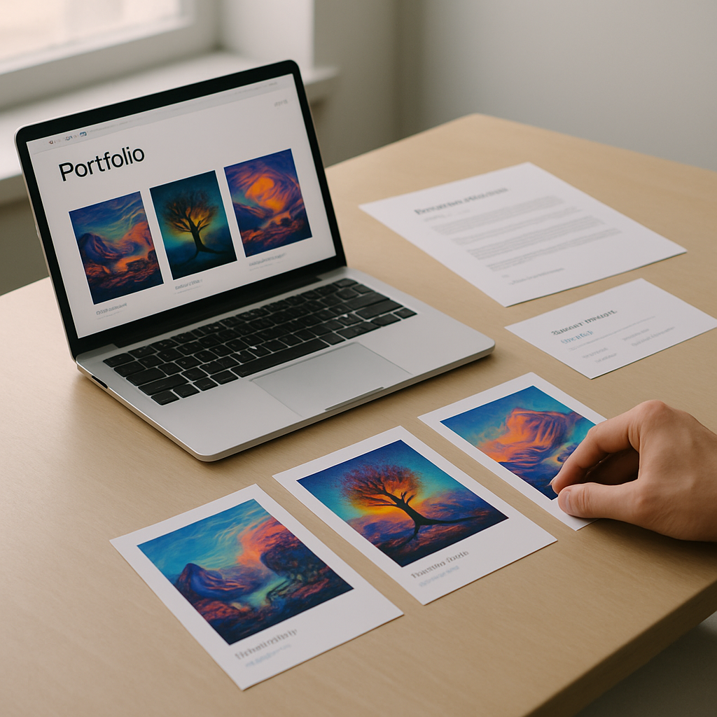 A digital artist arranges selected artwork proofs, project notes, and technical details beside a