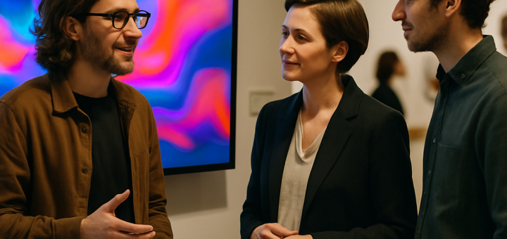 A digital artist presents work on a gallery screen while talking with two art