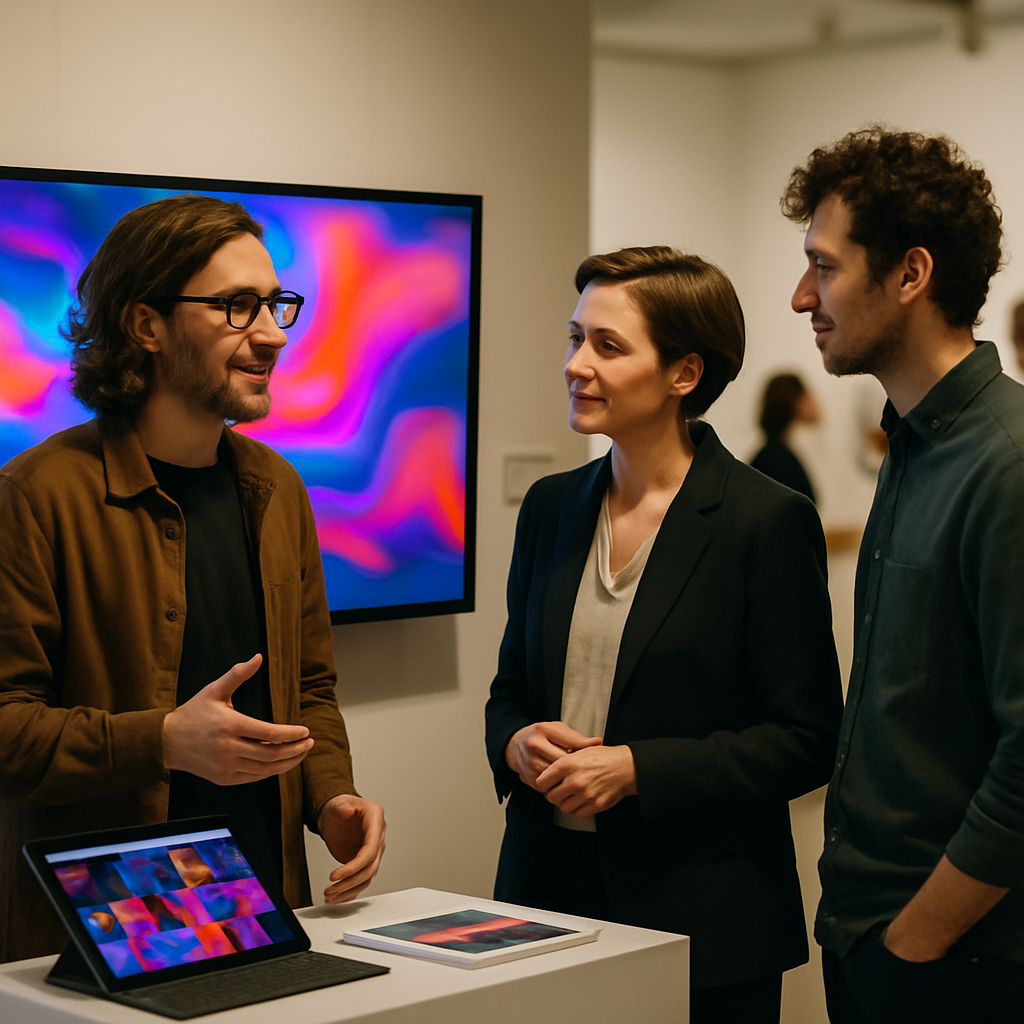 A digital artist presents work on a gallery screen while talking with two art
